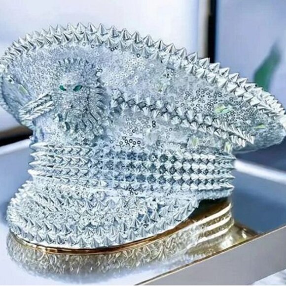 Silver Captain Hat Featuring a Rhinestone Lion with Emerald eyes main image 4
